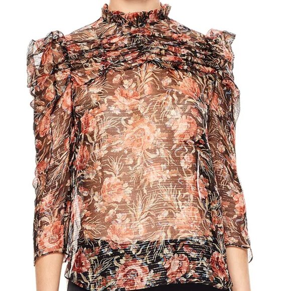 Sandro Amina Floral-Print Metallic-Stripe Top - Picture 1 of 16